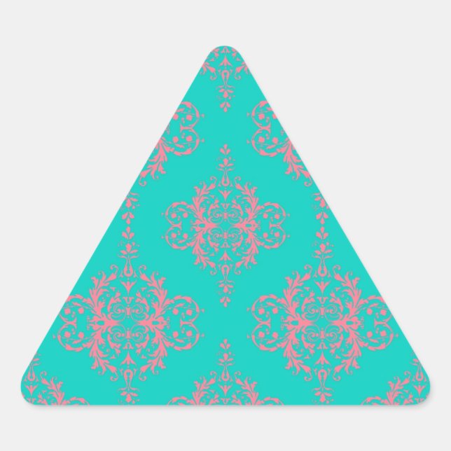 Turquoise and PInk Damask Pattern Triangle Sticker (Front)