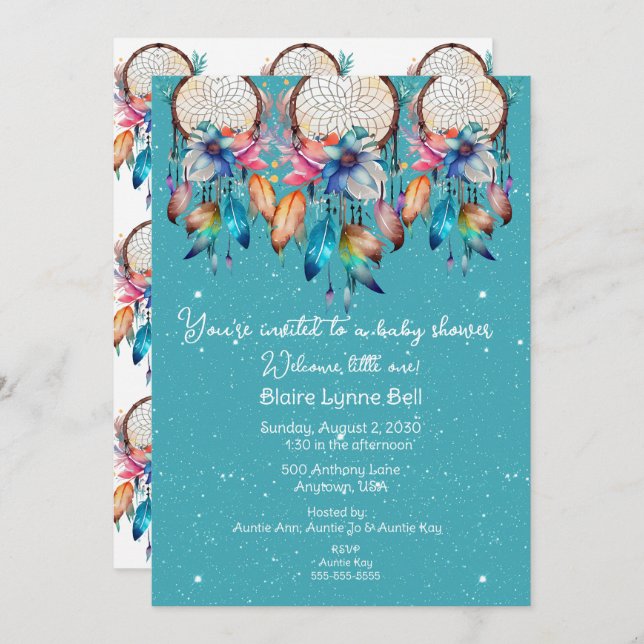 Turquoise and Pink Dreamcatcher Girl Baby Shower Invitation (Front/Back)