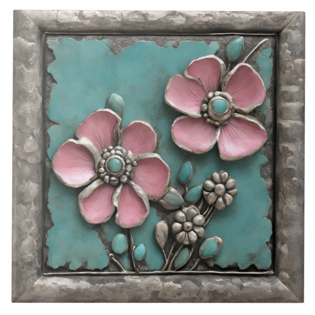 Turquoise and pink Floral Art with silver frame Ceramic Tile (Front)
