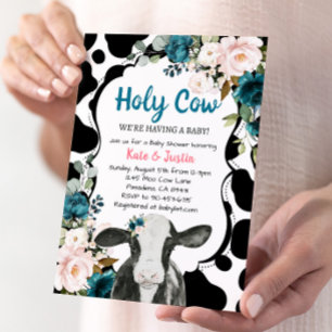 Turquoise and Pink Floral Holy Cow Baby Shower Invitation