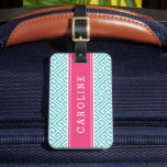 Turquoise and Pink Greek Key Custom Monogram Luggage Tag<br><div class="desc">Chic preppy luggage tag features a modern Greek key pattern,  personalised with your custom name monogram in a cute rugby stripe ribbon frame. Click Customise It to change monogram fonts and colours to create your own one of a kind design. Perfect for a unique personalised gift!</div>