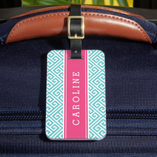Turquoise and Pink Greek Key Custom Monogram Luggage Tag