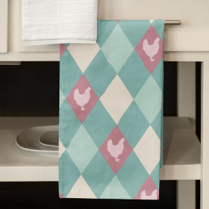 Turquoise And Pink Harlequin Chicken Tea Towel
