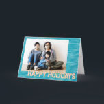 Turquoise and Pink Lines Modern Personalised Photo Holiday Card<br><div class="desc">Say Happy Holidays in style with this fun and trendy personalised photo card,  with a striped turquoise blue background and blush pink typography.</div>