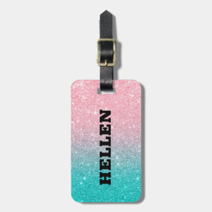 Turquoise and pink ombre faux glitter luggage tag