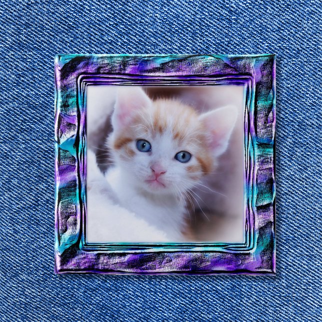 Turquoise and Purple Faux Moulded Border 15 Cm Square Badge (Pretty Aqua Blue and Purple Photo Border Button)