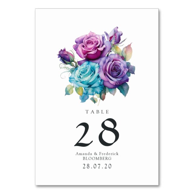 Turquoise and Purple Floral Wedding Table Number (Front)