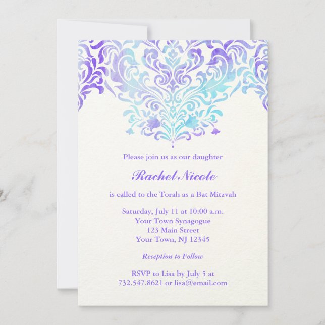 Turquoise and Purple Watercolor Damask Bat Mitzvah Invitation (Front)
