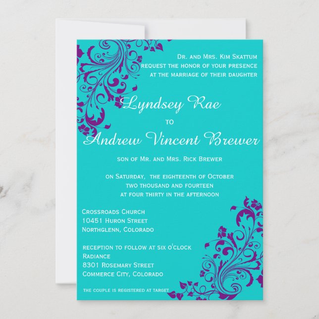 Turquoise and Purple Wedding Invitation (Front)