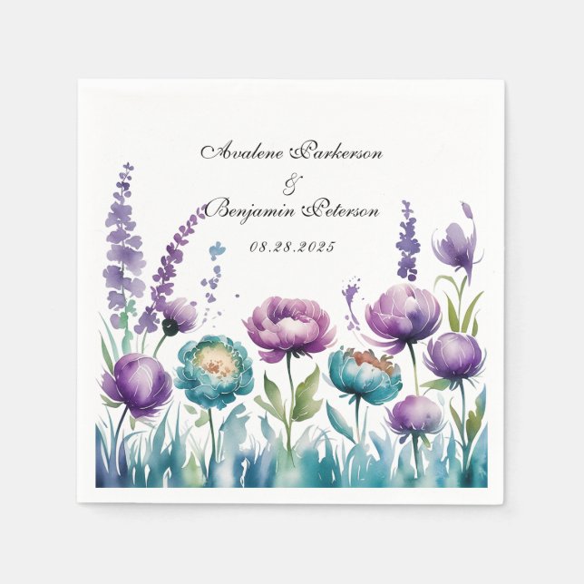 Turquoise and Purple Wildflowers Wedding Napkin (Front)