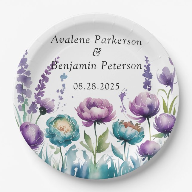 Turquoise and Purple Wildflowers Wedding Paper Plate (Front)