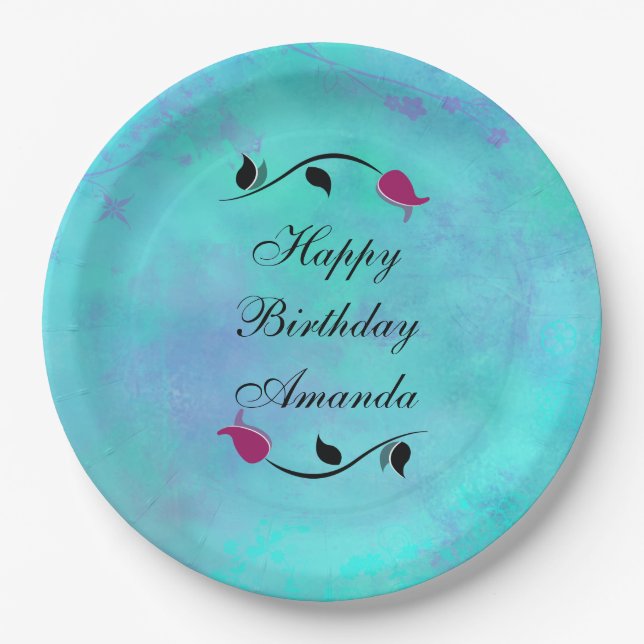 Turquoise and Purple with a Red Rose Birthday Paper Plate (Front)