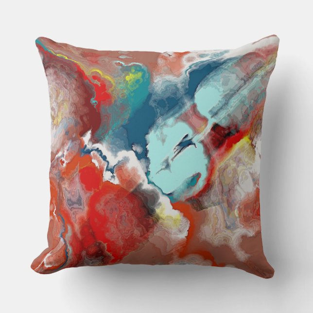 Turquoise and Red Abstract Cushion (Front)