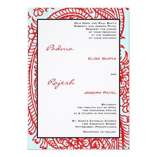 Turquoise and Red Paisley Indian Wedding Card