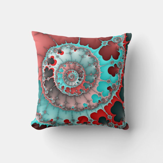 Turquoise and Red Spiral Abstract Cushion (Front)