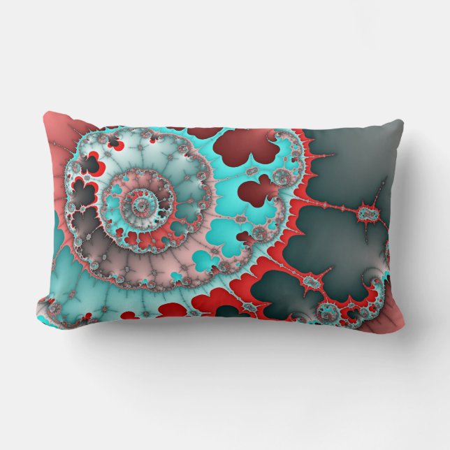 Turquoise and Red Spiral Abstract Lumbar Cushion (Front)