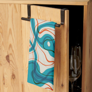 Turquoise and Red Swirls Tea Towel