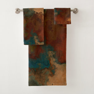 Turquoise and Rust Marble abstract Bath Towel Set