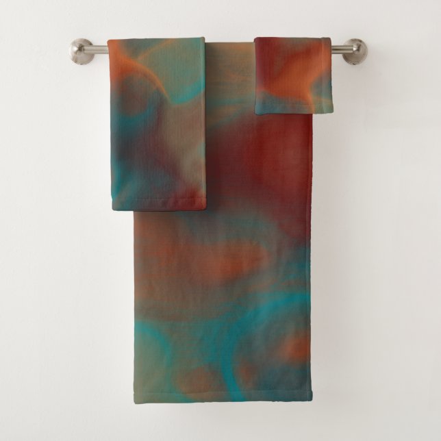 Turquoise and Rust Marble abstract Bath Towel Set (Insitu)