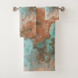 Turquoise and Rust Marble Abstract Bath Towel Set