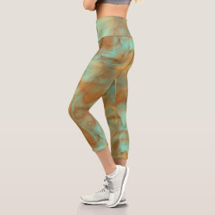 Turquoise and Rust Marble Swirl Abstract Capri Leggings