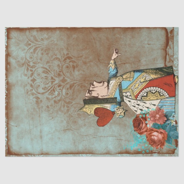 Turquoise and Rust Queen of Hearts Decoupage Tissue Paper (Front)