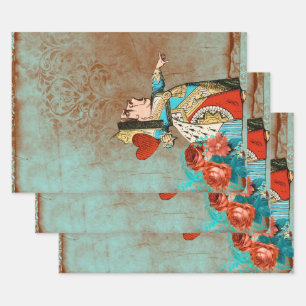 Turquoise and Rust Queen of Hearts Wrapping Paper Sheet