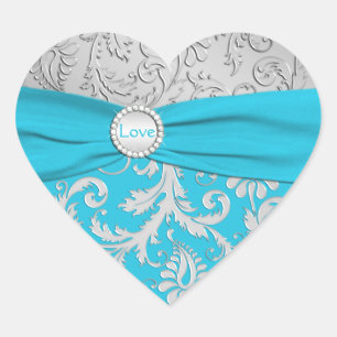 Turquoise and Silver Damask Heart Shaped Sticker