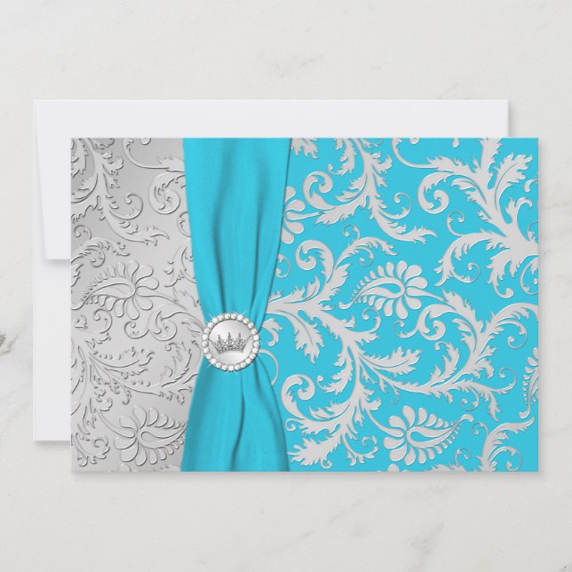 Turquoise and Silver Damask Quinceanera Invitation (Front)