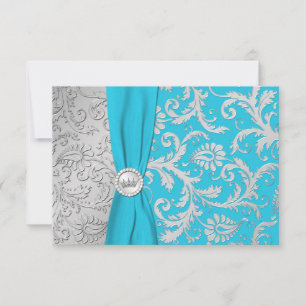 Turquoise and Silver Damask Quinceanera RSVP Card