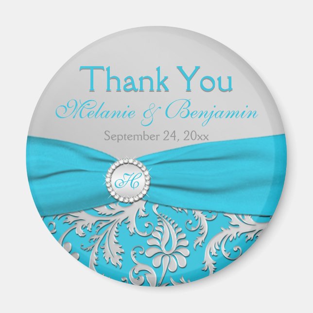 Turquoise and Silver Damask Wedding Favour Magnet (Front)