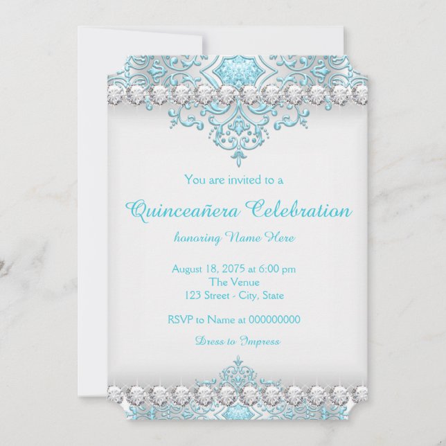 Turquoise and Silver Diamond Quinceanera Invitation (Front)