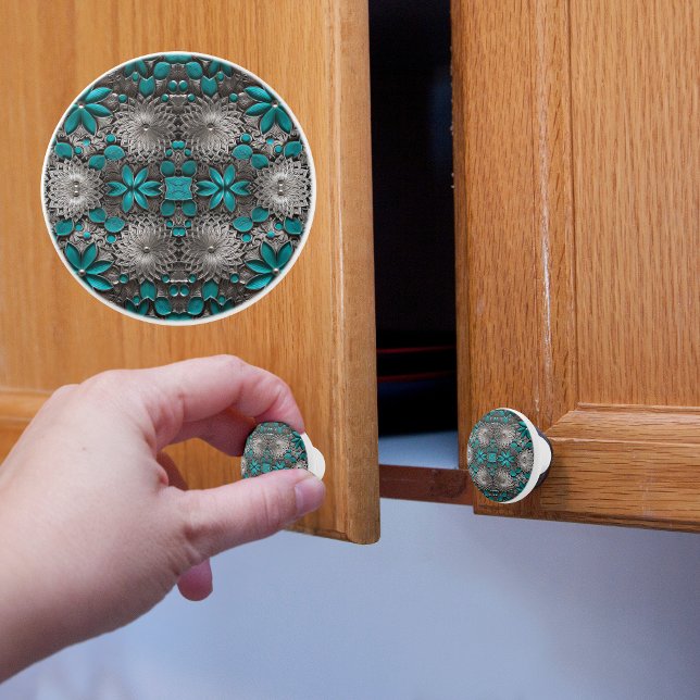 Turquoise and Silver Flowers Ceramic Knob (Creator Uploaded)