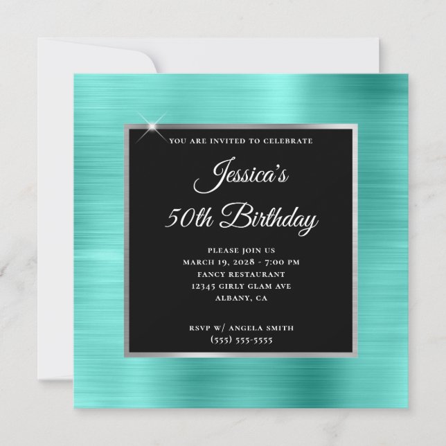 Turquoise and Silver Foil Black 50th Birthday Invitation (Front)