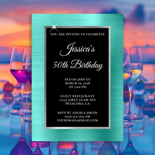 Turquoise and Silver Foil Black 50th Birthday Invitation (Turquoise Foil Silver and Black Birthday Invitation)