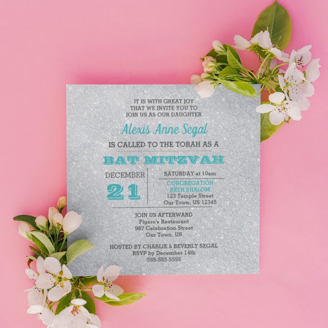 Turquoise and Silver Glitter Glam Bat Mitzvah Invitation (Creator Uploaded)