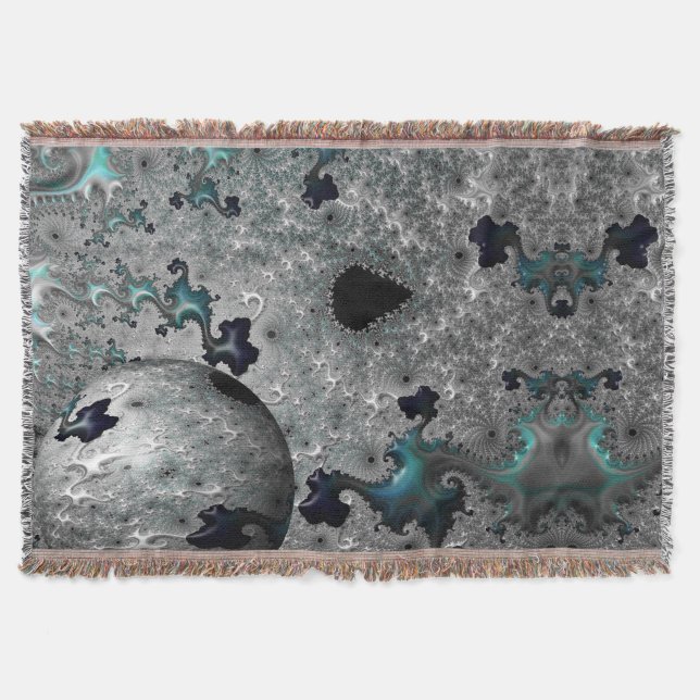 Turquoise and Silver Mandelbrot Throw Blanket (Front)