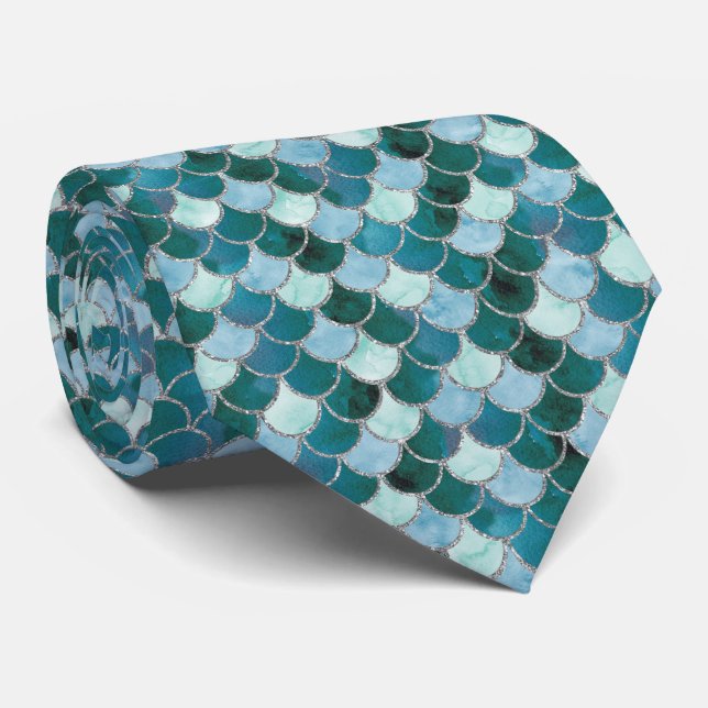 Turquoise and Silver Mermaid Scales Tie (Rolled)