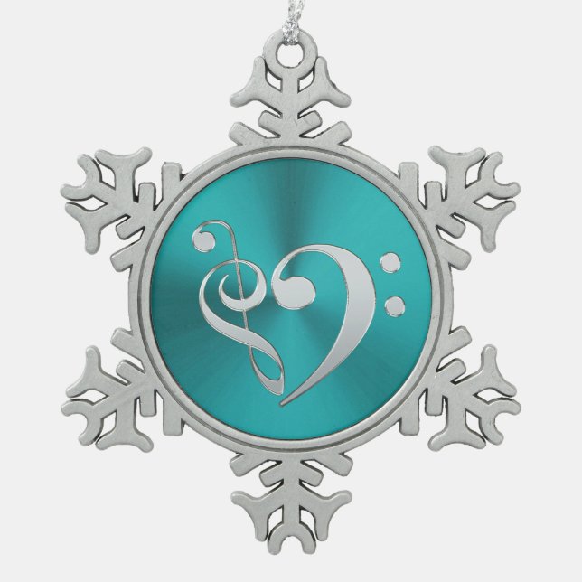 Turquoise and Silver Music Clef Heart Snowflake Pewter Christmas Ornament (Front)