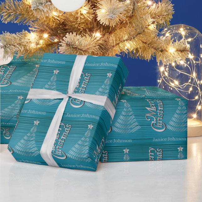 Turquoise and Silver Scribble Christmas Tree Wrapping Paper (Holidays)
