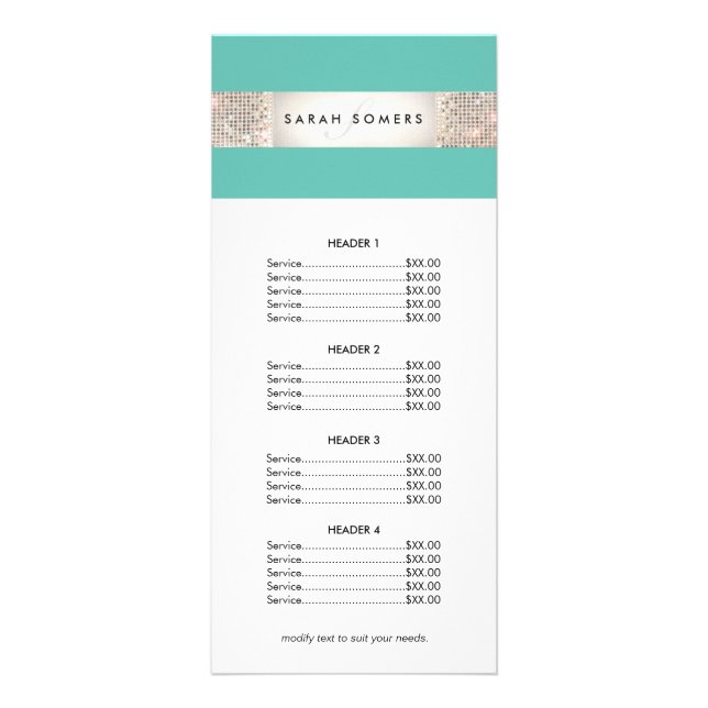 Turquoise and Silver Sequin Price List Menu (Front)