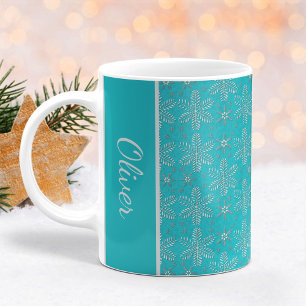 Turquoise and Silver Snowflakes Christmas Mug