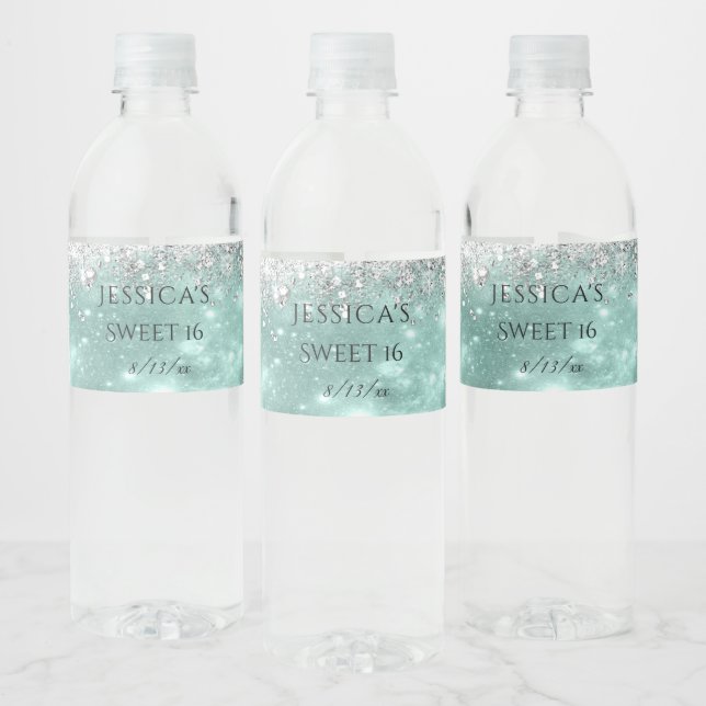  Turquoise and Silver Sparkling Glitter Sweet 16   Water Bottle Label (Bottles)