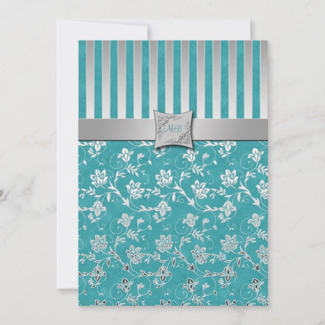 Turquoise and Silver Vine Monogrammed Invitation (Front)