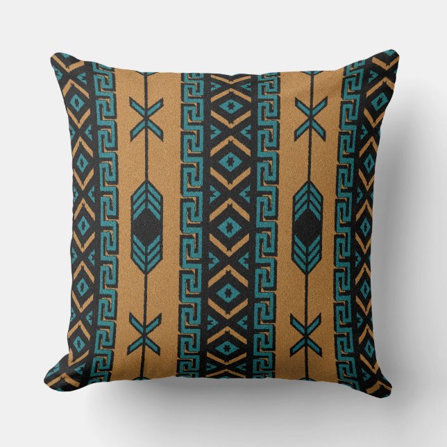 Turquoise And Tan Southwest Tribal Aztec Pattern Cushion (Front)