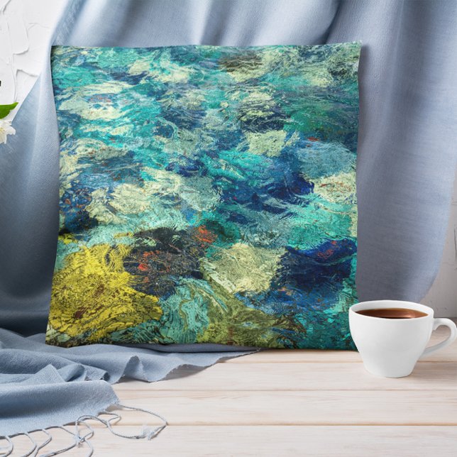 Turquoise and Teal Abstract Watery Paint Pour Cushion (Add your own abstract photo to create a personalized pillow.)