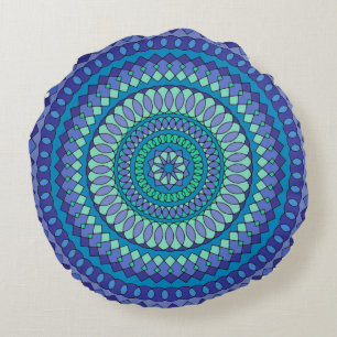 Turquoise and teal blue mandala round cushion