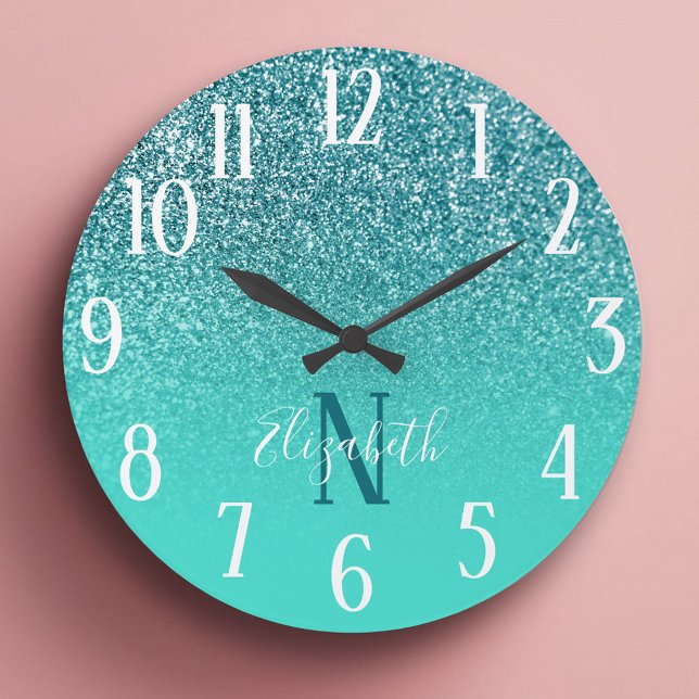 Turquoise and Teal Glitter Ombre Monogram Large Clock (Turquoise and Teal Glitter Ombre Monogram Large Clock)