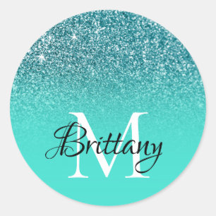 Turquoise and Teal Glitter Ombre Monogrammed Classic Round Sticker