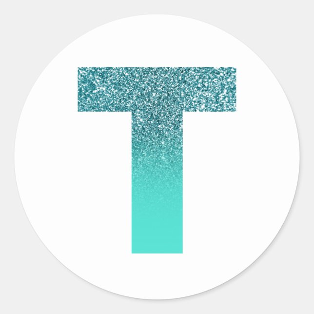 Turquoise and Teal Ombre Glitter Monogram T Classic Round Sticker (Front)